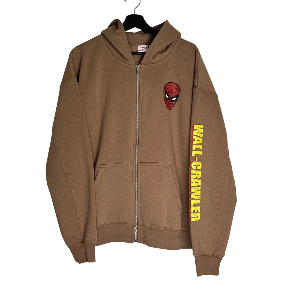 NEW Marvel Spider-Man Wall-Crawler Zip Up Hoodie Brown Comic Graphic Mens Medium